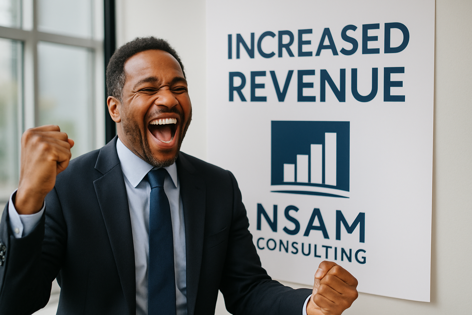 Happy client celebrating increased revenue with NSAM Consulting